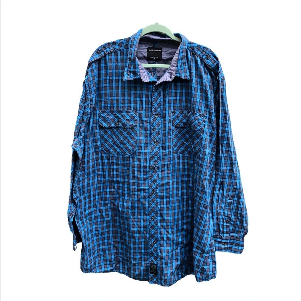 CALVIN KLEIN PLUS SIZE BLUE PLAID BUTTON DOWN SHIRT